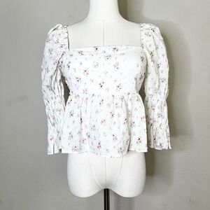 Storia White Floral‎ Peplum Top Babydoll Tie Back Square Neck Puff Sleeve Small